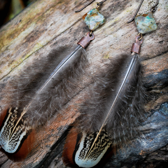 Handcrafted Feather & Green Opal Boho Earrings - Picture 1 of 3